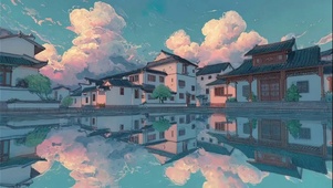 蓝天白云水中古城倒影