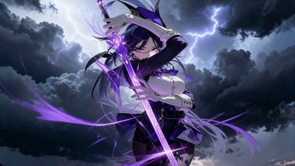 原神角色克洛琳德身着紫黑制服，手持泛紫光效的长剑，立于布满紫色闪电的厚重暗紫色乌云雷暴天空背景前。