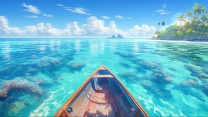 清澈海水木船