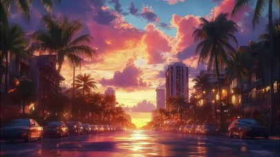 热带城市落日傍晚街景