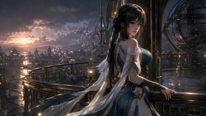 古风二次元美少女黄昏夜景