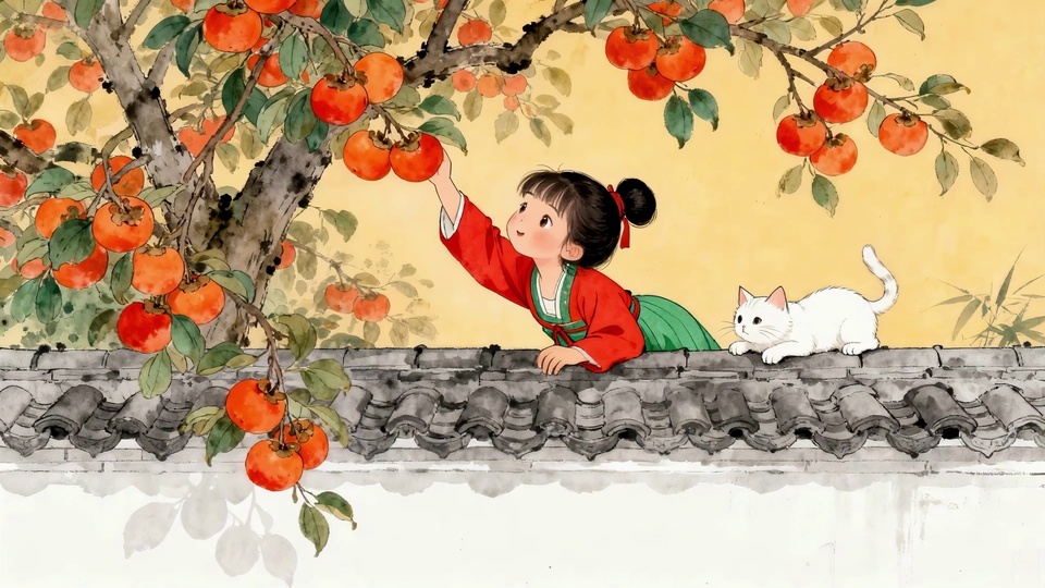 暖黄色背景下，身着红绿古风服饰、扎黑丸子头配红绸带的小女孩伸手摘枝头橙红色果实，白墙灰瓦的墙面上趴卧着一只白色短毛猫。
