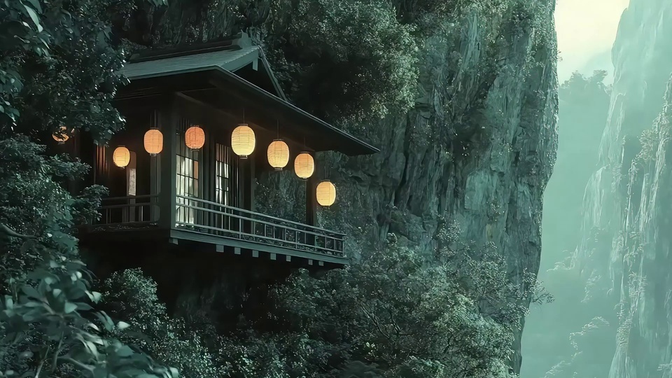 薄雾青绿色峡谷间，崖壁上悬挑的深色木屋悬挂着多盏暖黄色纸灯笼，周边遍布深绿色植被