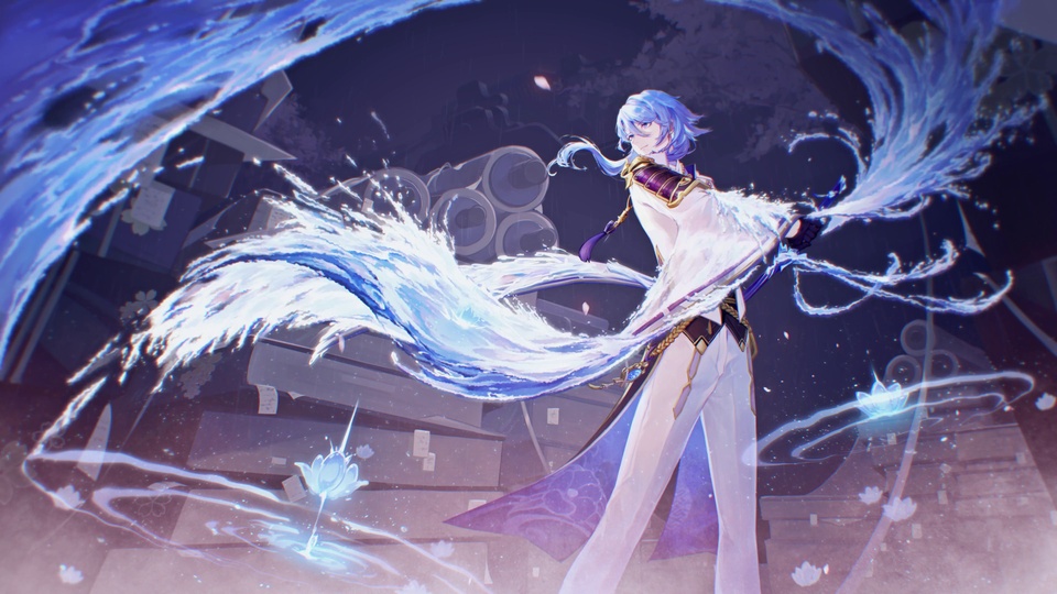 二次元插画中神里绫人手持太刀挥出通透水刃特效，背景为昏暗雨夜中的日式和室，整体呈蓝紫冷色调，底部带有发光莲花特效。