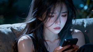 深夜失恋女孩看着手机默默流泪