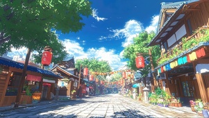 商业小镇夏日蓝天街道