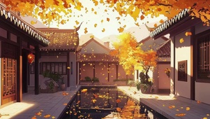 秋日落叶静谧庭院池塘