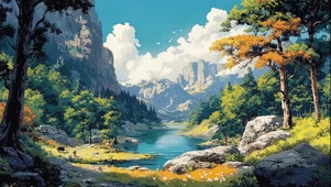 晴天山林秋日湖畔美景