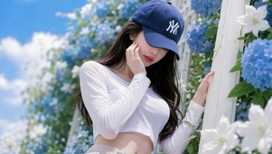 绣球花旁的棒球帽少女
