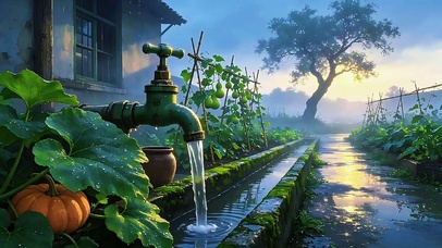 晨光葫芦藤下的流水潺潺