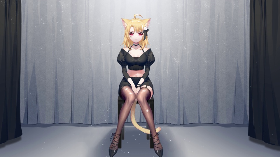 金发猫耳少女身着黑色露肩套装端坐于棚内黑色小凳，背景为带细碎光粒的浅灰幕布