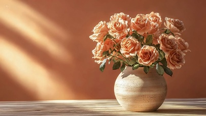 橙调墙前的香槟玫瑰4K超清壁纸