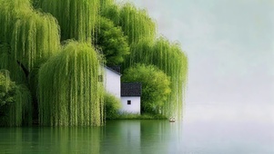 湖边垂柳小屋