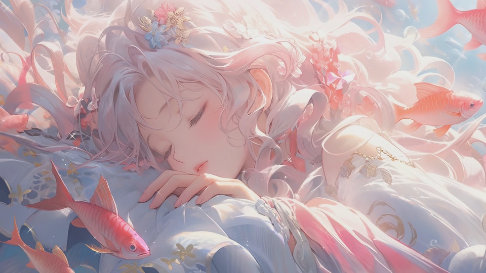 带花饰的浅粉发闭眼少女被粉橙金鱼环绕