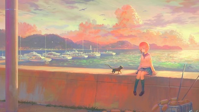 夕阳少女与猫