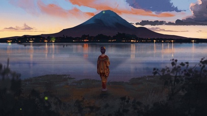 傍晚夕阳唯美治愈湖边少女