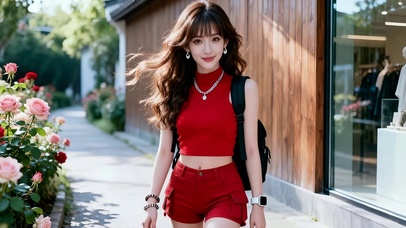 商铺外小径鲜花处青春红衣美女