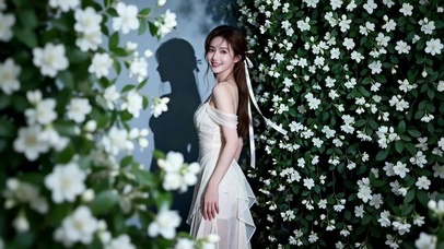 在花坛拍照的长发美女