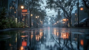 雨中静谧无人城市街道