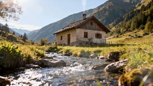 护眼蓝天白云房屋溪流