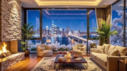 暖冬夜晚江景客厅