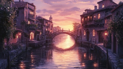 粉色晚霞水乡建筑河道