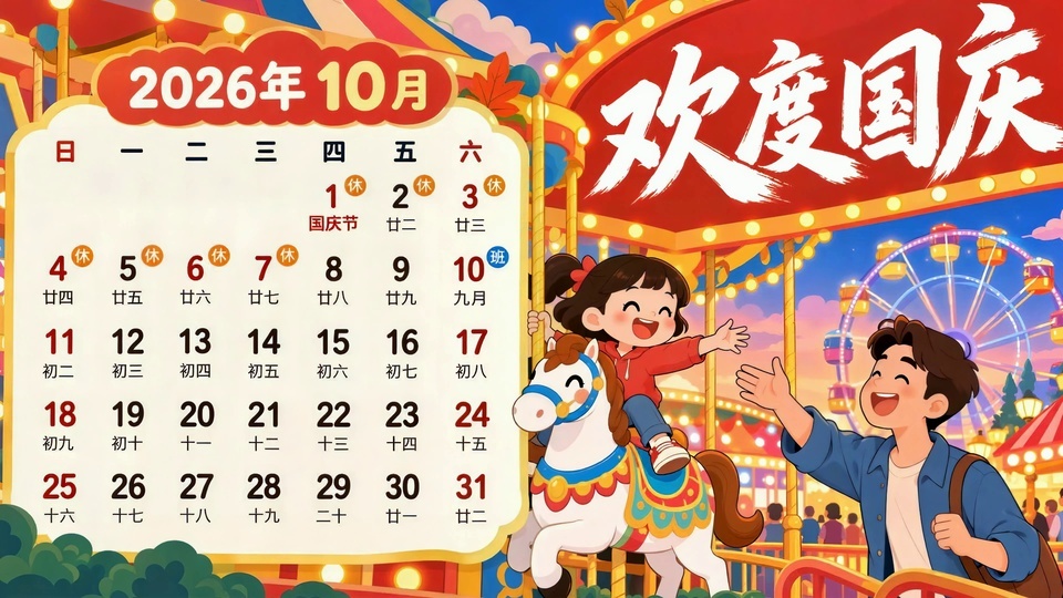 明亮的卡通游乐园场景，红亮顶旋转木马上有白马，近处有父女二人，背景立着标注2026年10月的日历板，远处摩天轮亮灯，天空飘着淡粉色云朵，整体为红黄色调的节庆风格。