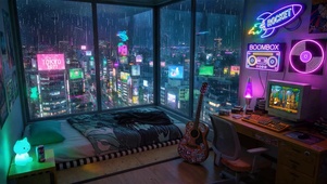 城市雨夜霓虹房间