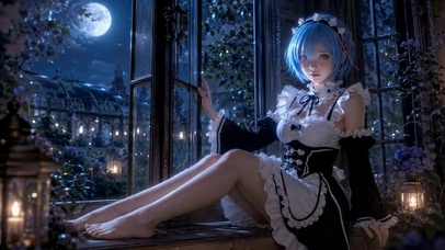 月夜窗边的女仆雷姆