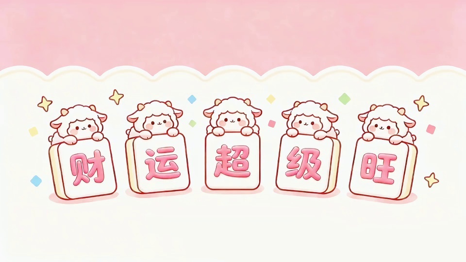 柔粉色背景下，五只Q版圆滚滚形象从并排的白色麻将方块后探出头顶，下方米白色区域边缘带有白色波浪形花边，整体风格软萌治愈。