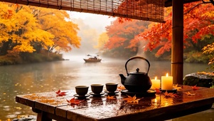 红叶湖边木亭雨景