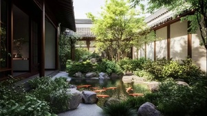 夏日悠然庭院金鱼水池