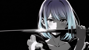 蓝紫短发少女 武士刀 黑底