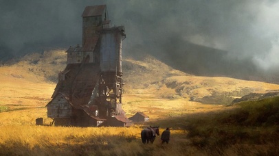 山谷房屋云雾金黄麦田牵马