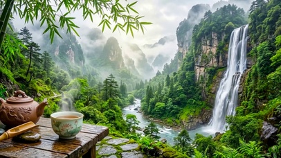 山水瀑布竹叶雨景