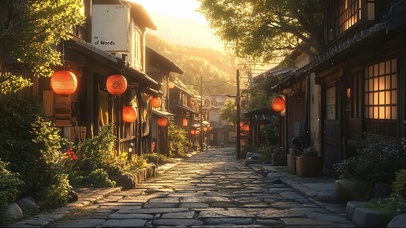 红灯笼古风小镇落日