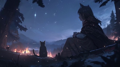 少女 猫和晚霞