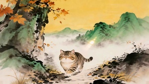 水墨山河里的胖喵