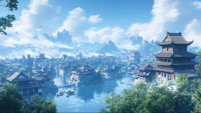 蓝天下的宏伟古镇风景