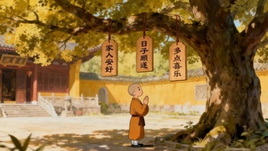 树下祈祷的可爱小和尚