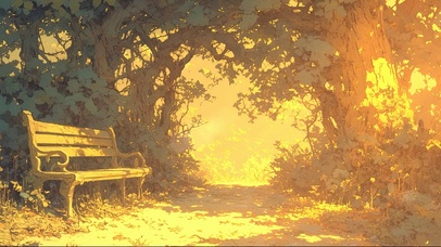 阳光森林小径长椅