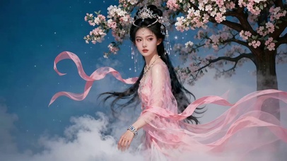 桃树下穿粉色古装纱裙仙气美女