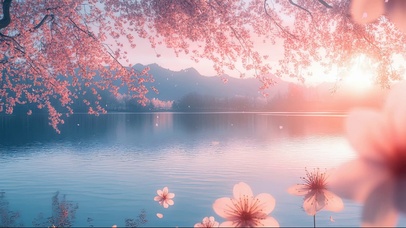 朦胧樱花湖畔微光