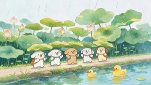 夏日荷塘可爱狗狗