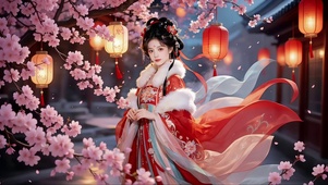 傍晚鲜花树旁衣袂飘飘的古风美女
