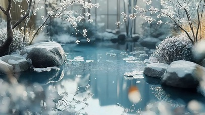 冬日清新静谧庭院池塘