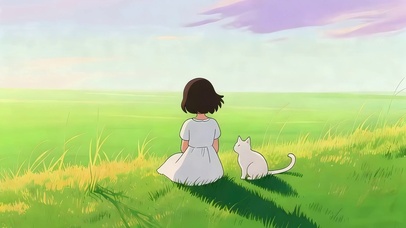 草地上女孩和猫咪