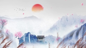 中国风水墨画白露节气夕阳唯美