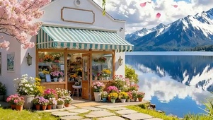 樱花树木房屋双屏