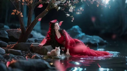 花前月下湖畔红纱衣美女1